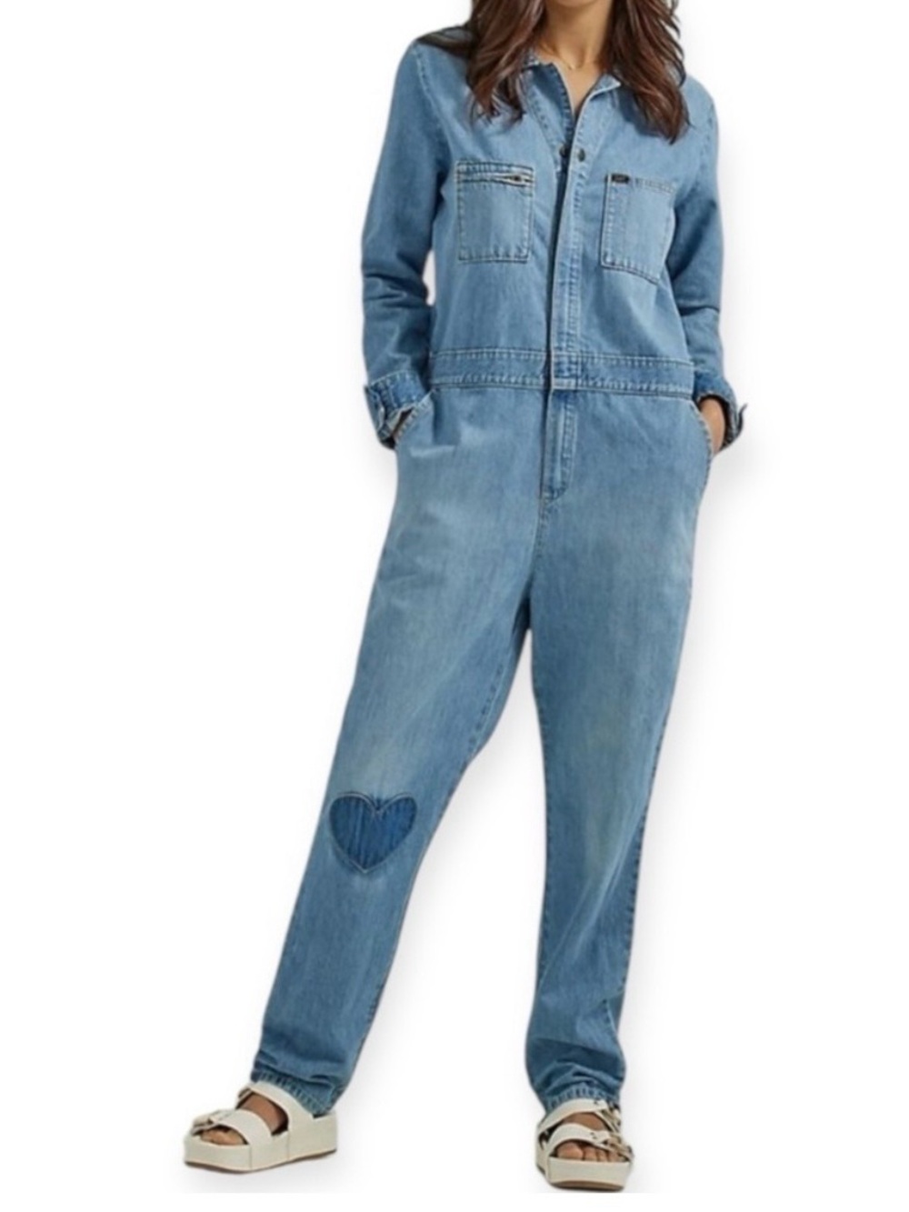 Lee X Free People Union Alls Jumpsuit Coveralls Denim Heart Patch M Medium